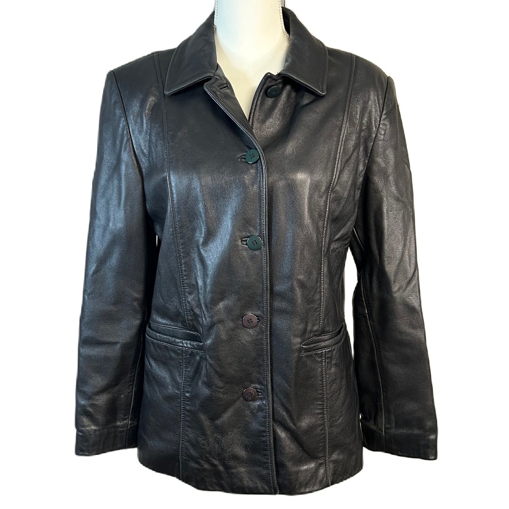 Petite Sophisticate Vintage Leather Blazer Jacket Size L Button Up‎ Black Y2k